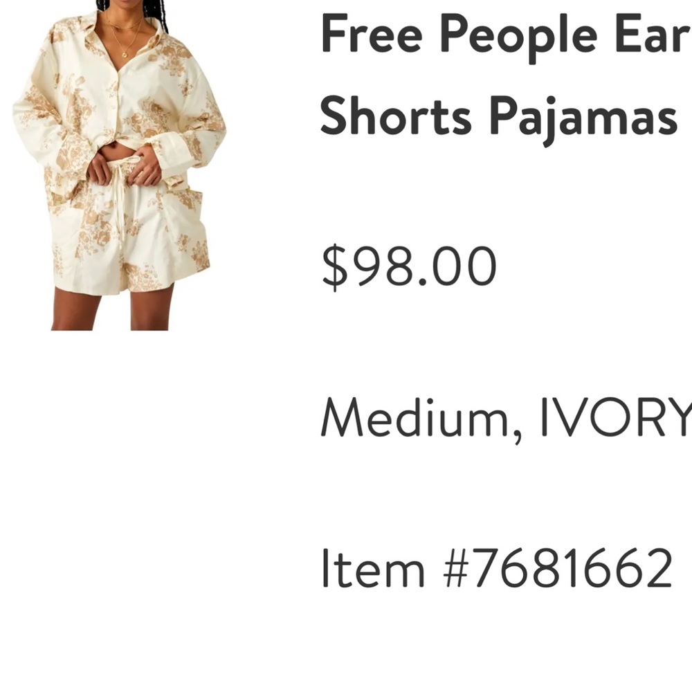 Free people pajama shirt set sz med